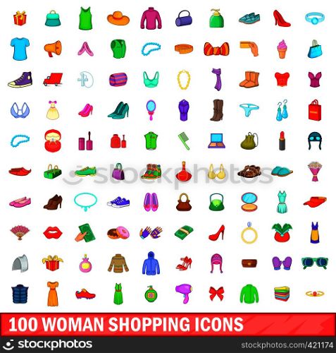100 woman shopping icons set in cartoon style for any design vector illustration. 100 woman shopping icons set, cartoon style