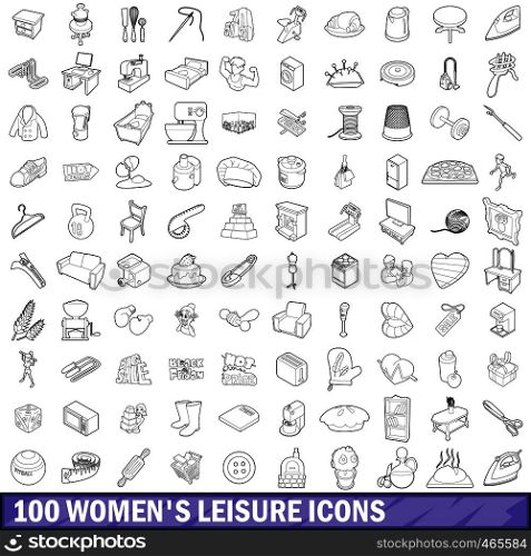 100 women leisure icons set in outline style for any design vector illustration. 100 women leisure icons set, outline style