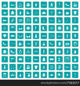 100 womens accessories icons set in grunge style blue color isolated on white background vector illustration. 100 womens accessories icons set grunge blue