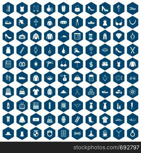 100 womens accessories icons set in sapphirine hexagon isolated vector illustration. 100 womens accessories icons sapphirine violet