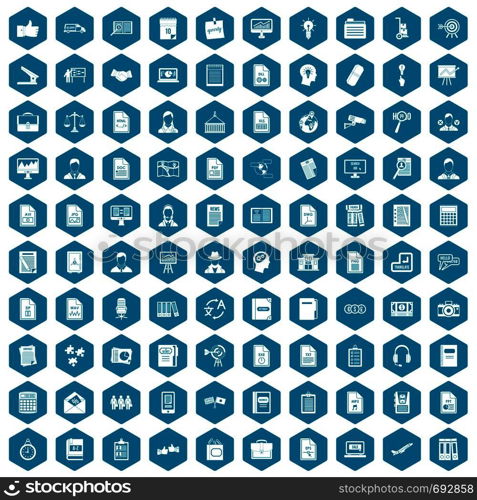 100 work paper icons set in sapphirine hexagon isolated vector illustration. 100 work paper icons sapphirine violet