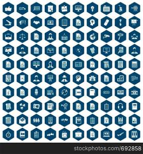100 work paper icons set in sapphirine hexagon isolated vector illustration. 100 work paper icons sapphirine violet
