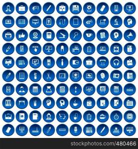 100 work space icons set in blue circle isolated on white vector illustration. 100 work space icons set blue