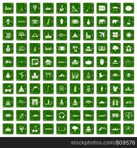 100 world icons set in grunge style green color isolated on white background vector illustration. 100 world icons set grunge green