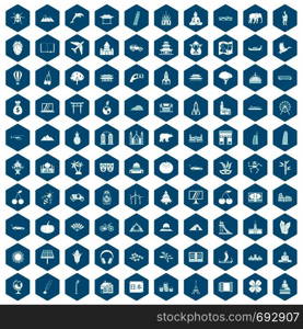 100 world icons set in sapphirine hexagon isolated vector illustration. 100 world icons sapphirine violet