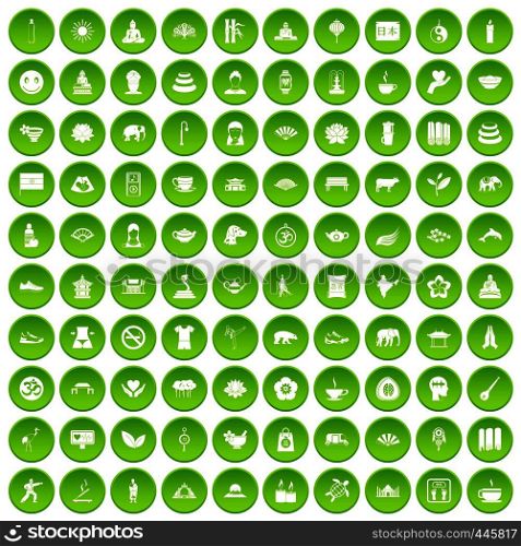 100 world tour icons set green circle isolated on white background vector illustration. 100 world tour icons set green circle