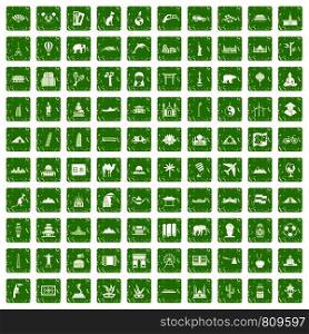 100 world tour icons set in grunge style green color isolated on white background vector illustration. 100 world tour icons set grunge green