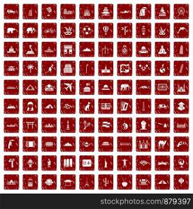 100 world tour icons set in grunge style red color isolated on white background vector illustration. 100 world tour icons set grunge red