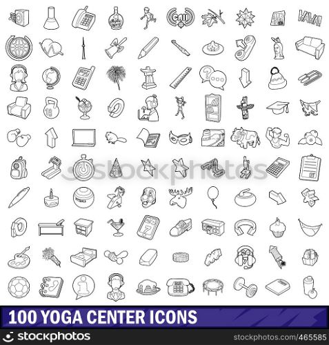 100 yoga center icons set in outline style for any design vector illustration. 100 yoga center icons set, outline style