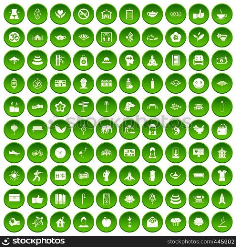 100 yoga icons set green circle isolated on white background vector illustration. 100 yoga icons set green circle