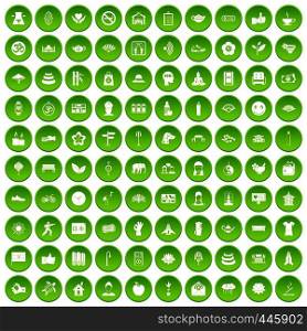 100 yoga icons set green circle isolated on white background vector illustration. 100 yoga icons set green circle