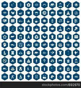 100 yoga icons set in sapphirine hexagon isolated vector illustration. 100 yoga icons sapphirine violet