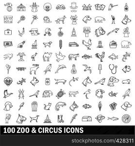 100 zoo and circus icons set in outline style for any design vector illustration. 100 zoo and circus icons set, outline style