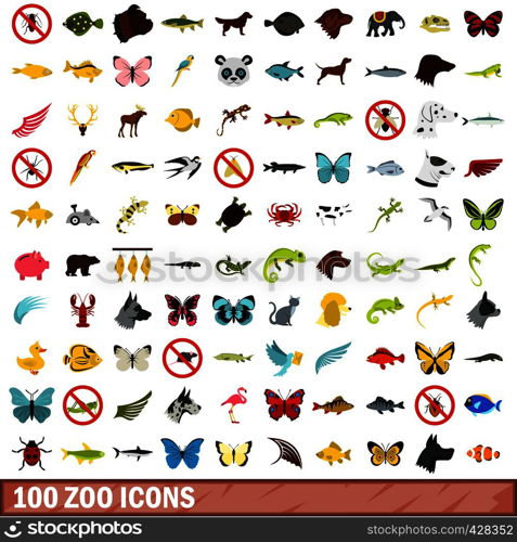 100 zoo icons set in flat style for any design vector illustration. 100 zoo icons set, flat style