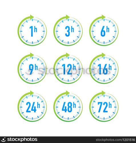 12, 24, 48, 72 hours clock arrow. Work time effect or delivery service time. Vector stock illustration. 12, 24, 48, 72 hours clock arrow. Work time effect or delivery service time. Vector stock illustration.