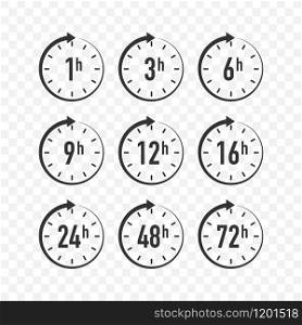 12, 24, 48, 72 hours clock arrow. Work time effect or delivery service time. Vector stock illustration. Clock arrow. Work time effect or delivery service time. Vector stock illustration.
