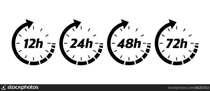 12, 24, 48 and 72 hours clock arrow. Vector work time effect or delivery service time icons. Vector illustration.. 12, 24, 48 and 72 hours clock arrow. Vector work time effect or delivery service time icons. Vector illustration