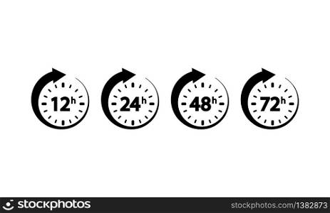 12, 24, 72, 48 hours clock icon set on an isolated white background. EPS 10 vector.. 12, 24, 72, 48 hours clock icon set on an isolated white background. EPS 10 vector
