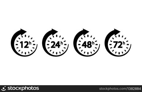 12, 24, 72, 48 hours clock icon set on an isolated white background. EPS 10 vector. 12, 24, 72, 48 hours clock icon set on an isolated white background. EPS 10 vector.