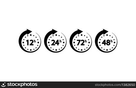 12, 24, 72, 48 hours icon set on an isolated white background. EPS 10 vector. 12, 24, 72, 48 hours clock icon set on an isolated white background. EPS 10 vector.