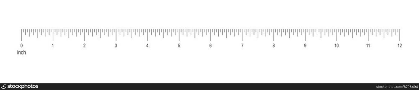 12 inch or 1 foot ruler scale. Unit of length in imperial system of measurement. Horizontal measuring chart with markup and numbers. Math or sewing tool. Vector graphic illustration. 12 inch or 1 foot ruler scale. Unit of length in imperial system of measurement. Horizontal measuring chart with markup and numbers. Math or sewing tool