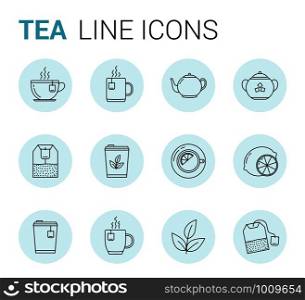 12 Tea line icons in circles - tea bags, tea cups and mugs, leaves, lemon, sugar, teapot, vector eps10 illustration. Tea Line Icons