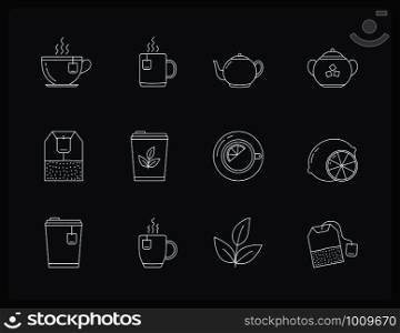 12 Tea line icons on dark background - tea bags, tea cups and mugs, leaves, lemon, sugar, teapot, vector eps10 illustration. Tea Line Icons