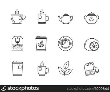 12 Tea line icons - tea bags, tea cups and mugs, leaves, lemon, sugar, teapot, vector eps10 illustration. Tea Line Icons