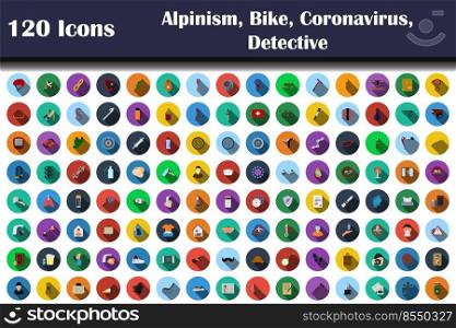 120 Icons Of Alpinism, Bike, Coronavirus, Detective, Restaurant. Flat Design With Long Shadow. Vector illustration.