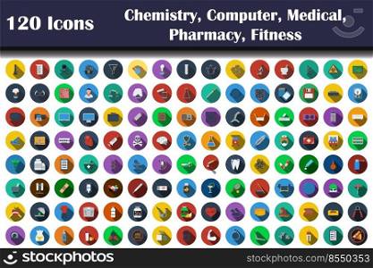 120 Icons Of Chemistry, Computer, Medical, Pharmacy, Fitness. Flat Design With Long Shadow. Vector illustration.