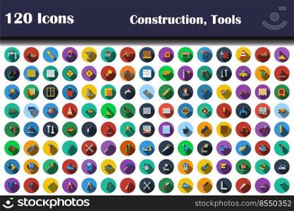 120 Icons Of Construction, Tools. Flat Design With Long Shadow. Vector illustration.