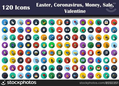 120 Icons Of Easter, Coronavirus, Money, Sale, Valentine. Flat Design With Long Shadow. Vector illustration.