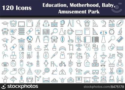 120 Icons Of Education, Motheρod, Baby, Aμsement Park. Editab≤Bold Outli≠With Color Fill Design. Vector Illustration.