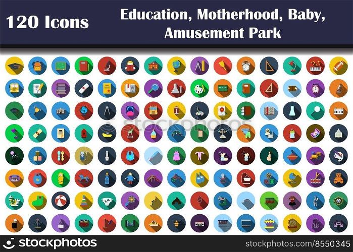 120 Icons Of Education, Motherhood, Baby, Amusement Park. Flat Design With Long Shadow. Vector illustration.