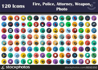 120 Icons Of Fire, Police, Attorney, Weapon, Photo. Flat Design With Long Shadow. Vector illustration.