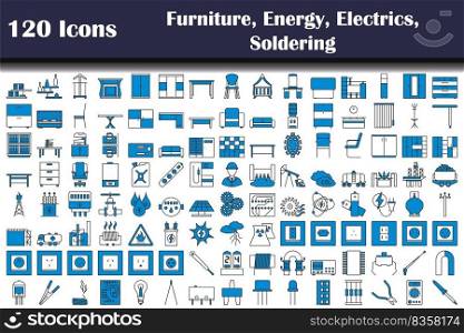 120 Icons Of Furniture, Energy, Electrics, Soldering. Editable Bold Outline With Color Fill Design. Vector Illustration.
