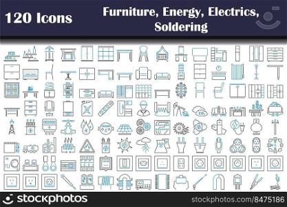 120 Icons Of Furniture, Energy, Electrics, Soldering. Editable Bold Outline With Color Fill Design. Vector Illustration.