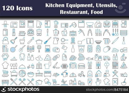 120 Icons Of Kitchen Equipment, Utensils, Restaurant, Food. Editable Bold Outline With Color Fill Design. Vector Illustration.