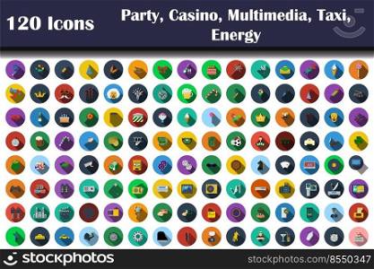 120 Icons Of Party, Casino, Multimedia, Taxi, Energy. Flat Design With Long Shadow. Vector illustration.
