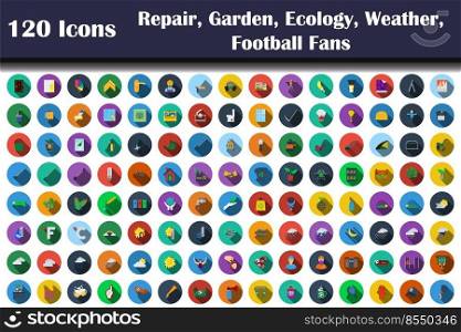 120 Icons Of Repair, Garden, Ecology, Weather, Football Fans. Flat Design With Long Shadow. Vector illustration.