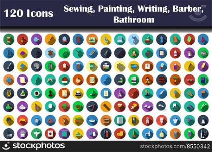 120 Icons Of Sewing, Painting, Writing, Barber, Bathroom. Flat Design With Long Shadow. Vector illustration.
