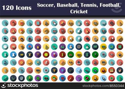 120 Icons Of Soccer, Baseball, Tennis, Football, Cricket. Flat Design With Long Shadow. Vector illustration.