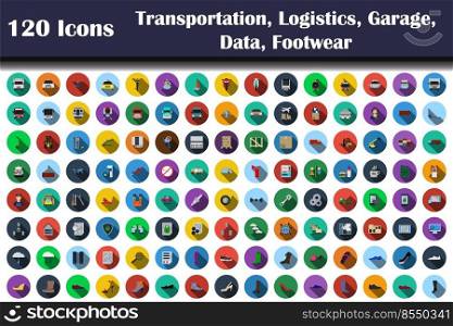 120 Icons Of Transportation, Logistics, Garage, Data, Footwear. Flat Design With Long Shadow. Vector illustration.