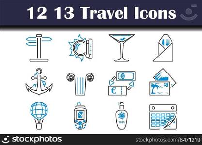 13 Travel Icon Set. Editable Bold Outline With Color Fill Design. Vector Illustration.