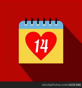 14 February calendar flat icon. Single symbol with heart on a red background. 14 February calendar flat icon
