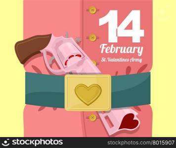 14 February. Valentines day. Military clothing and a strap with buckle. Gold heart belt buckle. Arms of love. Army of love. Gun loaded hearts. Love gun