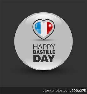 14th July Bastille Day of France. Happy Bastille day card. Celebration background with heart and text. Happy Bastille day badge