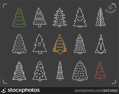 15 Hand drawn Christmas trees, doodle fir trees for Christmas greetings cards, wrapping design etc, holidays decoration elements, vector eps10 illustration. Hand Drawn Christmas Trees