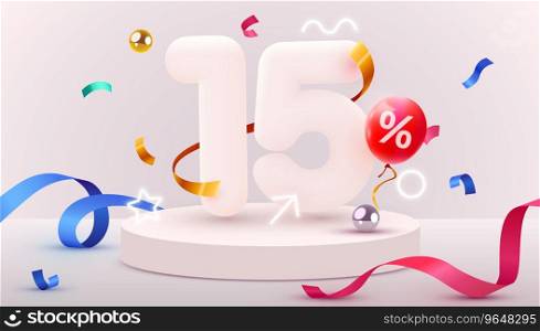 15 percent Off. Discount creative composition. 3d sale symbol with decorative objects, balloons, golden confetti, podium and gift box. Sale banner and poster. Vector illustration.. 15 percent Off. Discount creative composition. 3d sale symbol with decorative objects, balloons, golden confetti, podium and gift box. Sale banner and poster.