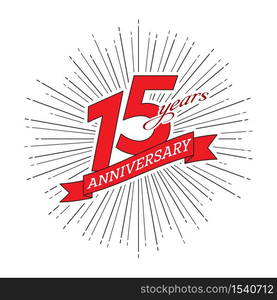 15th anniversary. Greeting inscription with salute and ribbon, vector illustration isolated on white background